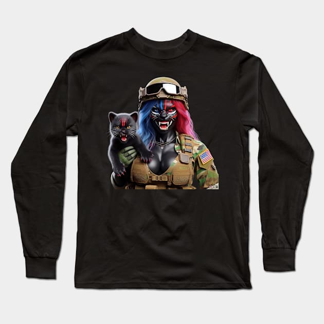 Woman Warrior Panther with Cub by focusln Long Sleeve T-Shirt by Darn Doggie Club by focusln